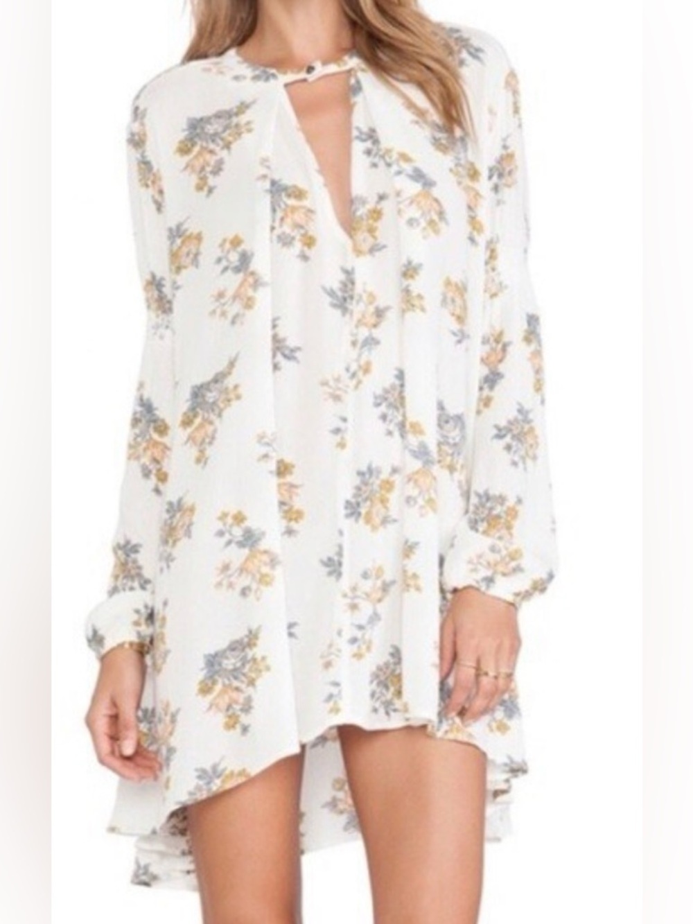 Free People Ivory Floral Split-Neck Tunic with Yellow & Gray Blooms